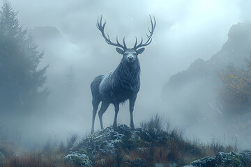 Naklejka premium Majestic stag silhouetted against a misty mountainous backdrop standing proudly atop a rocky outcrop dusted with snow.