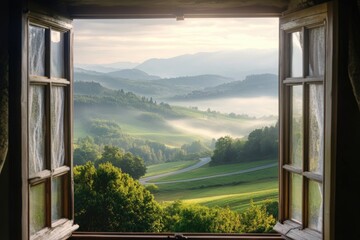 Rustic window view of misty valley landscape at sunrise