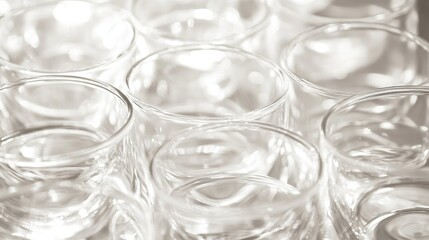 Sparkling clean glasses stacked neatly, light reflections enhancing the transparency and clarity