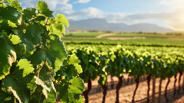 Expansive vineyard with rows of grapevines stretching into the distance under a bright blue sky
