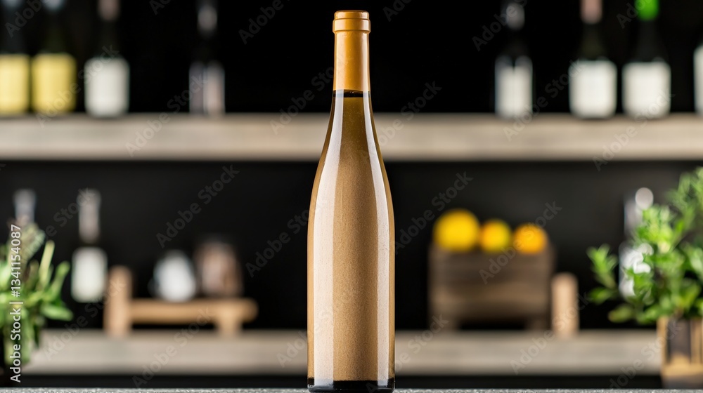 Poster elegant bottle of wine placed on a stylish counter with a warm ambient light setting the mood