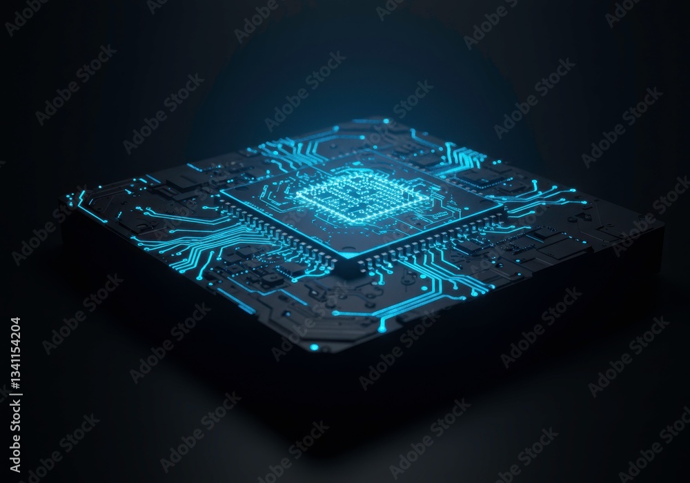 Poster processor emitting blue light. technology for quantum computer. innovation circuit board with digita