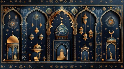 A blue and gold design of a mosque with gold and blue decorations