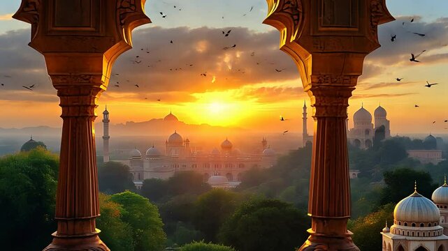 Scenic view of sunset through ancient archways with a distant city and greenery

