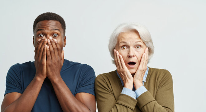 Surprised expressions of african male adult and caucasian female elderly against neutral background