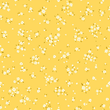 Vector illustration. Ditsy Floral seamless pattern of delicate tiny white flowers on a yellow background, blooming flowers. Liberty pattern for textiles, packaging, fabric, sublimation printing
