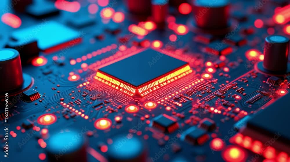 Poster Abstract Close-Up of Futuristic Circuit Board with Glowing Red Elements and Intricate Details Highlighting Technology and Innovation