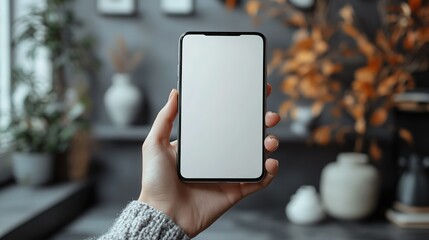Hand holding a blank screen smartphone, isolated on a grey background. 