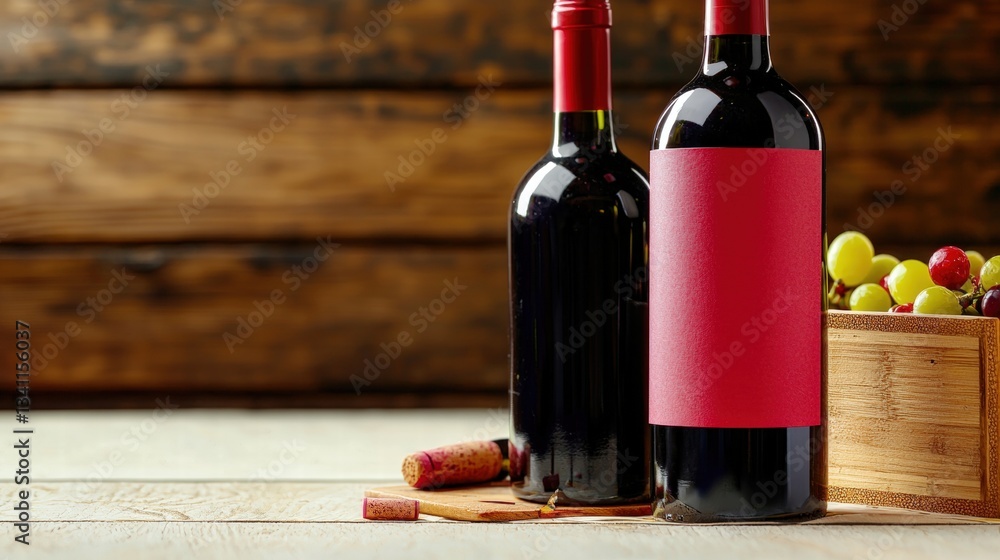 Poster two elegant bottles of wine resting next to a rustic wooden crate overflowing with fresh grapes