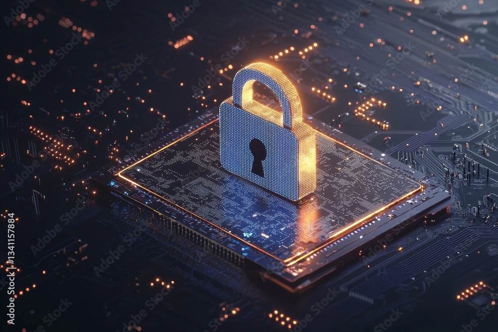 Poster a 3d rendering depicts the background of cybersecurity and privacy concepts in the shape of a lock