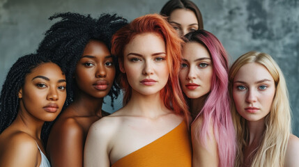 Fototapeta premium A beautiful group of young women with diverse hairstyles and colors posing confidently in a studio.