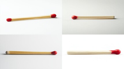 Four views of a single matchstick on white background.