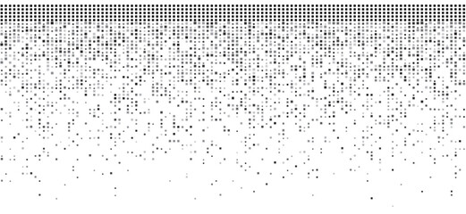 Abstract black halftone texture with dispersed square dots on a white background. Geometric pixel pattern for presentation design or banners.