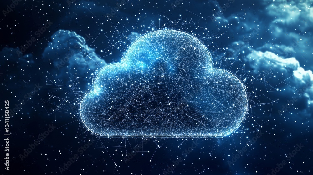 Poster a large cloud icon is centered amidst abstract code, interconnected polygons, and multicolored dots,