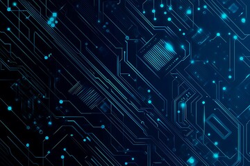 Abstract close-up of a glowing blue digital circuit board, showcasing intricate connections and technological design on a black background.

