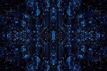 Abstract close-up of a glowing blue digital circuit board, showcasing intricate connections and technological design on a black background.
