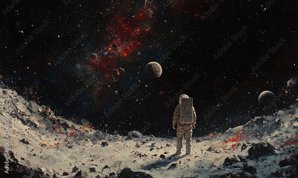 Poster astronauts utilizing ai generative capabilities are exploring extraterrestrial planets or the moon