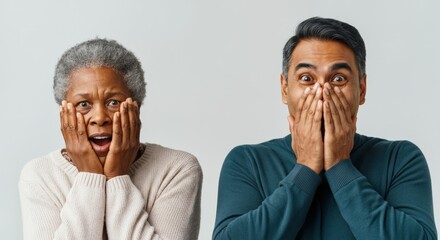 Surprised african elderly female and asian adult male with hands on face against light background