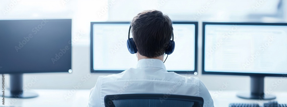 Poster young professional with headset working at computer desk with monitors