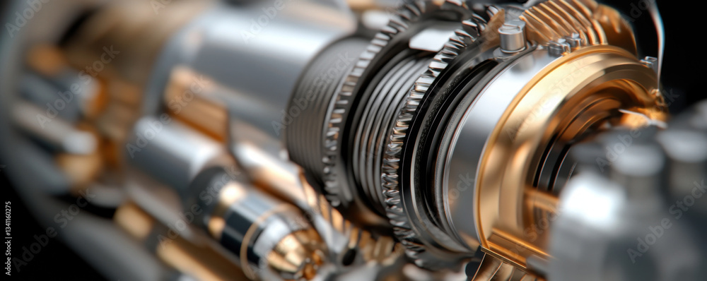 Poster detailed close up of mechanical component showcasing intricate gears and metallic textures, highligh