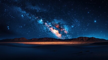 Starry night sky with the Milky Way, shot from an aerial perspective at sea level. The starry sky is filled with countless stars and celestial bodies like galaxies, planets, moons, shooting stars