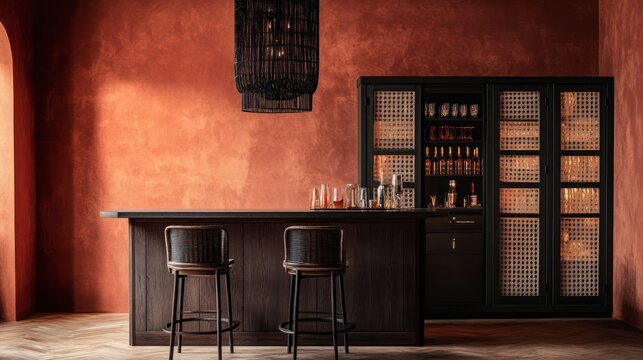 Modern bar interior with dark wood and terracotta wall.  Possible use Stock photo for a design magazine or website showcasing contemporary home d?cor