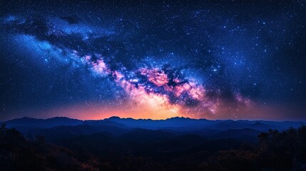 Starry night sky with the Milky Way galaxy and shooting stars visible, captured from an ultra-wide perspective at low altitude, showcasing the vast expanse of space, celestial beauty, a black sky