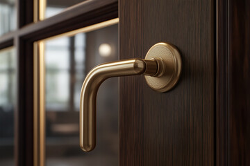 Obraz premium Elegant gold door handle on dark wood door