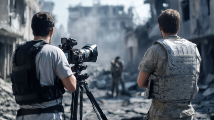 A cameraman films a soldier in a war-torn city while his colleague in body armor watches over.