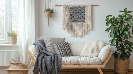 Cozy modern living room with macrame wall art and plants