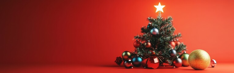 Modern Artistic Christmas Decor with Geometric Tree and Shiny Gold Ornaments Against a Bold Red Background