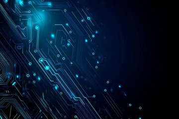Abstract close-up of a glowing blue digital circuit board, showcasing intricate connections and technological design on a black background.
