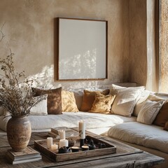 A white couch with brown pillows and a vase of flowers on it. A white framed picture hangs on the wall