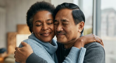 Fototapeta premium Happy african and asian mature couple embracing with closed eyes in cozy home setting