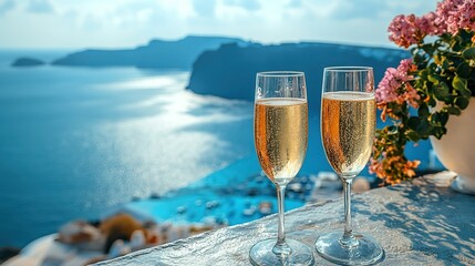 Two glasses of champagne with a view of Santorini island in Greece, a real photograph