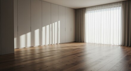 Bright Spacious Room with Hardwood Floor and Natural Light Streaming