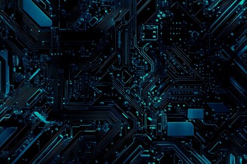 Abstract close-up of a glowing blue digital circuit board, showcasing intricate connections and technological design on a black background.
