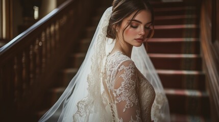 Fototapeta premium A bride stands poised on a majestic staircase, her delicate lace gown complementing the flowing veil.