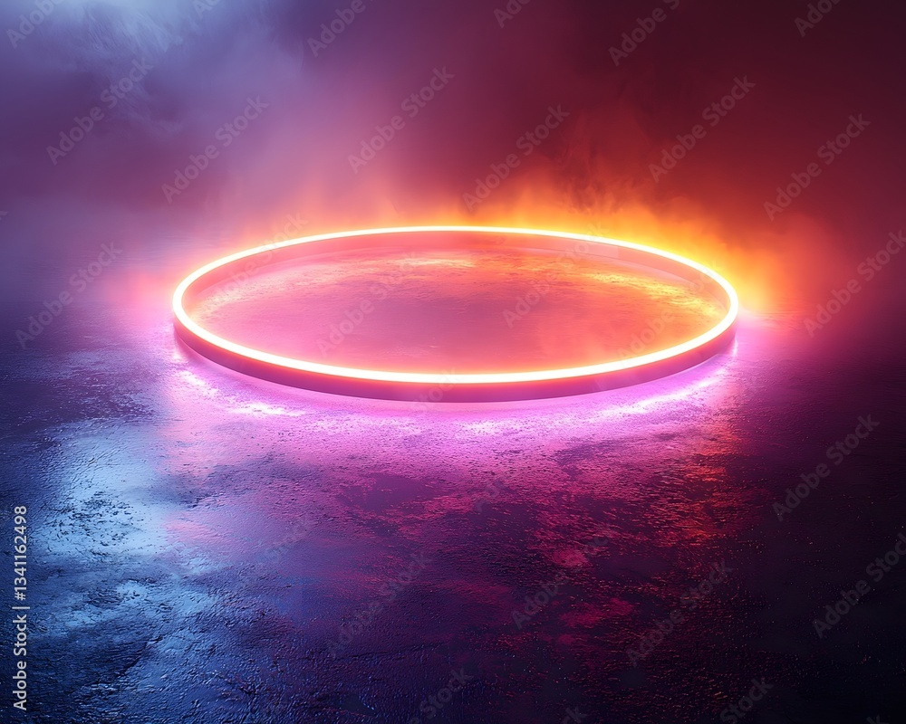 Wall mural glowing neon ring hovering in a dark void