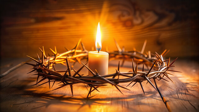 Crown of thorns with a burning candle
