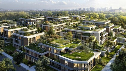 Obraz premium Modern Green Roof Apartments Cityscape Aerial View Eco Friendly Design