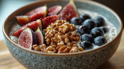 Greek yogurt bowl topped honey walnuts fresh figs served in a ceramic dish on a plain white surface a healthy Mediterranean breakfast choice