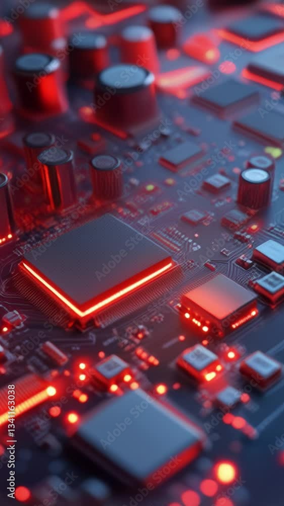 Poster abstract close-up of futuristic circuit board with glowing red elements and intricate details highli