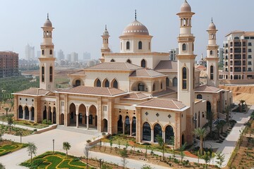 Fototapeta premium Stunning mosque surrounded by lush landscapes in jumeirah park, dubai s idyllic neighborhood