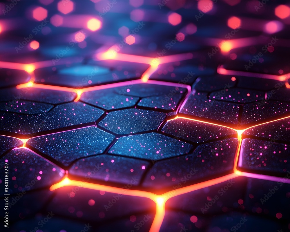 Poster futuristic neon hexagon pattern glowing in alternating colors