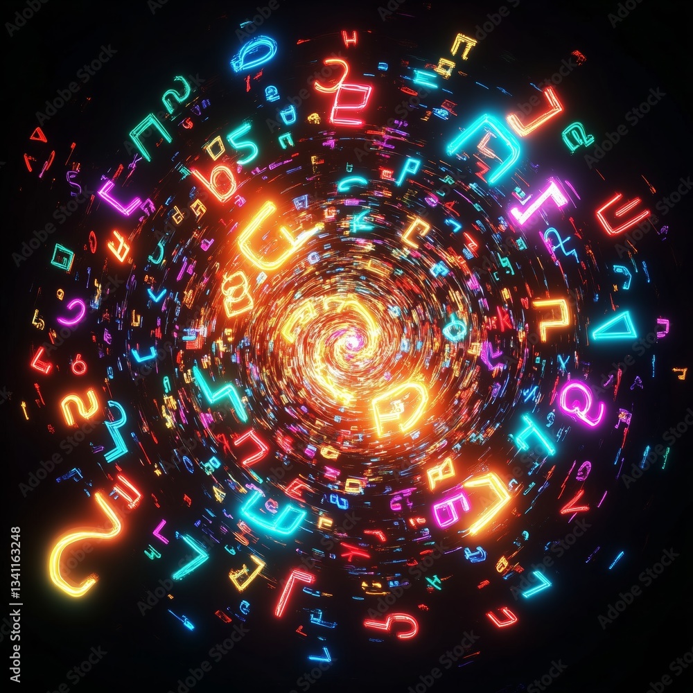 Poster swirling colorful letters and numbers in a vortex-like pattern. education & e-learning