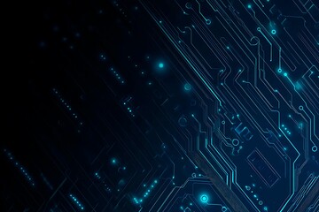 Obraz premium Abstract close-up of a glowing blue digital circuit board, showcasing intricate connections and technological design on a black background. 