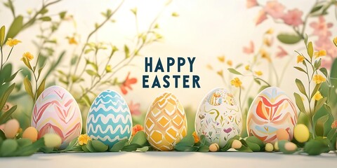 Colorful easter eggs with floral patterns and spring flowers create a festive scene with a happy easter message, celebrating the joy and renewal of the season