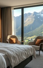 Luxury hotel room interior featuring a comfortable bed with pillows near a window