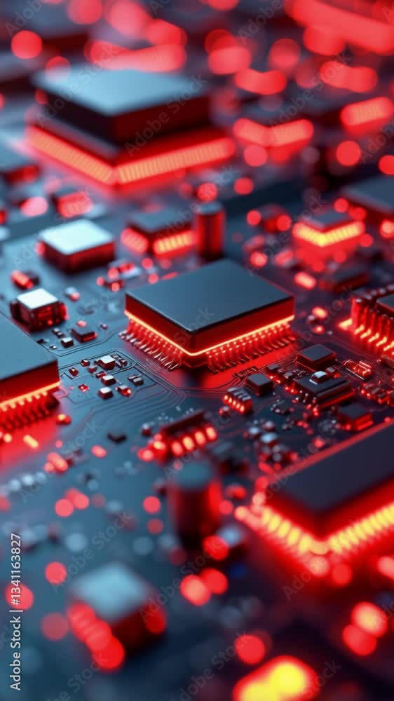 Aufkleber abstract close-up of futuristic circuit board with glowing red elements and intricate details highli